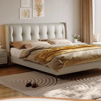 המלכה יוקרה אסתטי מיטה בגודל קינג מינימליסטי מודרני סלון מיטה זוגית עץ עור אמיתי גאמה הנישואין ריהוט חדר שינה